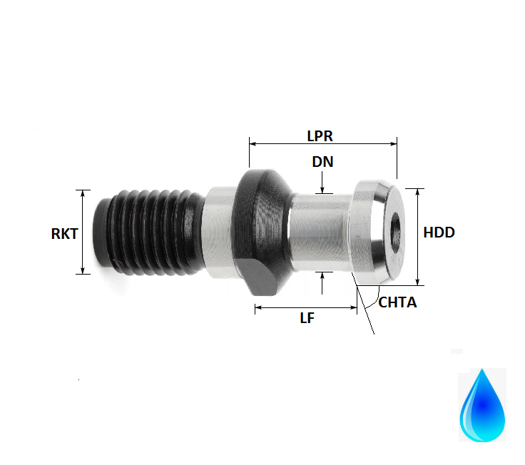 DIN69872 DV 40, M16 Thread Hollow Through Coolant Pull Stud Sealed (without O-Ring)